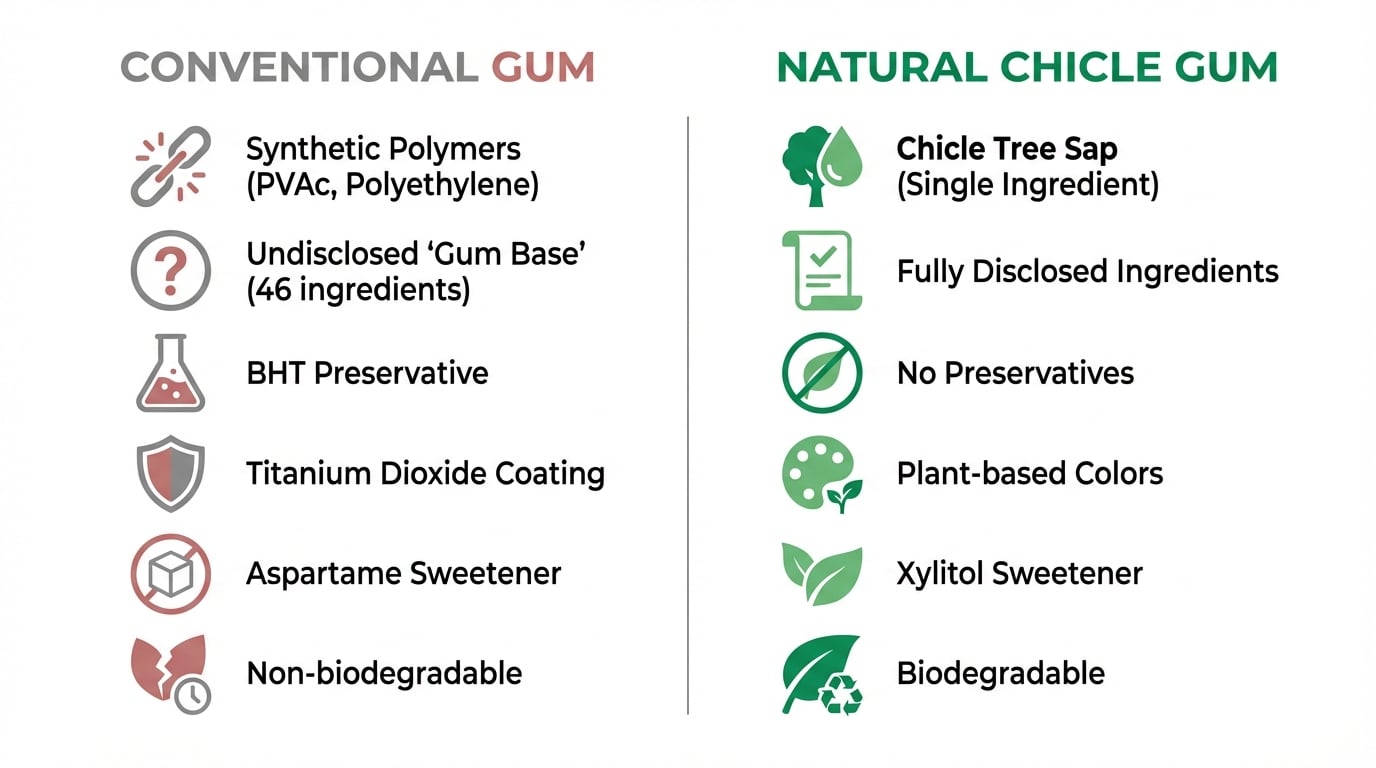 Side-by-side comparison infographic: conventional gum with synthetic polymers, undisclosed gum base of 46 ingredients, BHT, titanium dioxide, aspartame, and non-biodegradable materials versus natural chicle gum with single-ingredient tree sap, full disclosure, no preservatives, plant colors, xylitol, and biodegradable composition