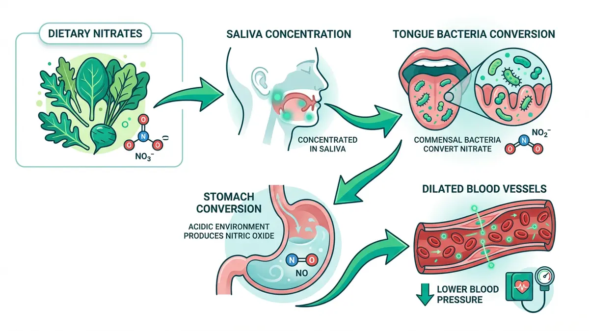 Scientific infographic illustrating the enterosalivary nitrate-nitrite-nitric oxide pathway — dietary nitrates from leafy greens are concentrated in saliva, converted to nitrite by tongue bacteria (Veillonella, Neisseria), then to nitric oxide in the stomach, which dilates blood vessels