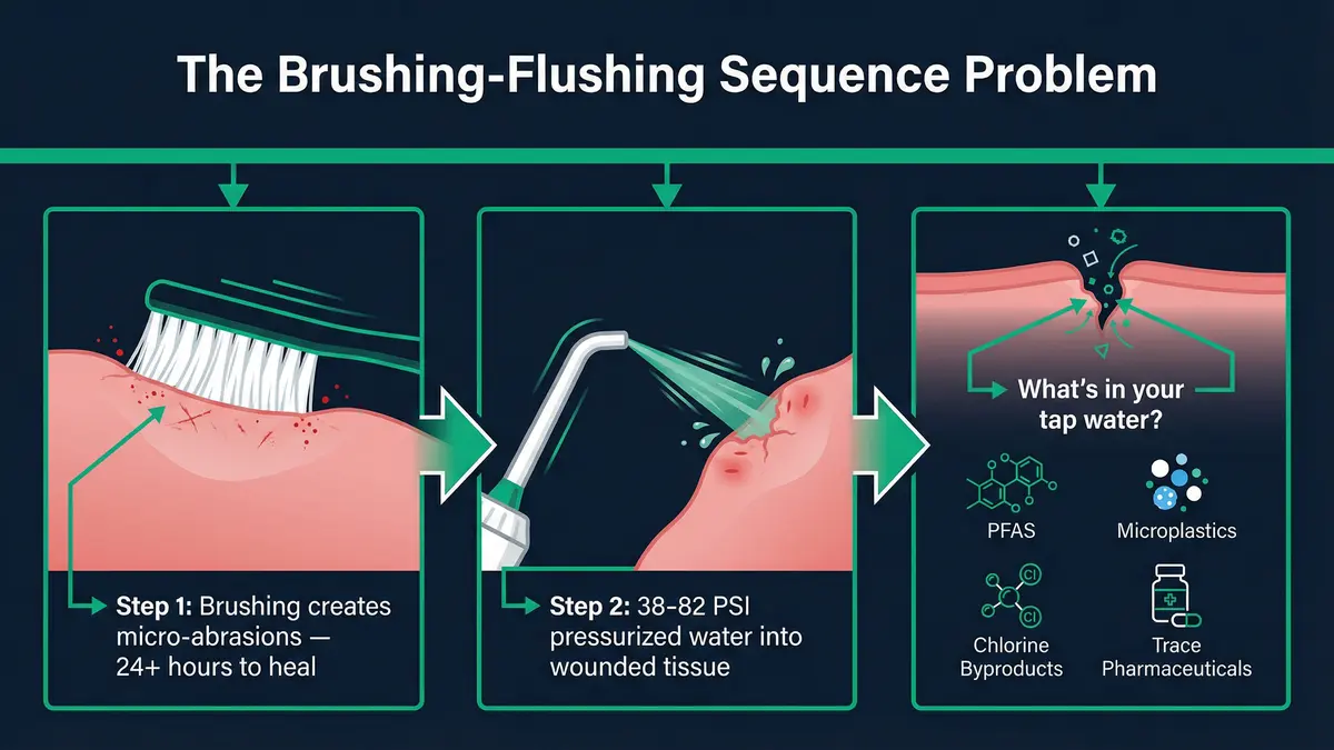 Infographic showing the brushing-flushing sequence problem: brushing creates micro-abrasions, then water flosser delivers pressurized water containing PFAS, microplastics, chlorine byproducts, and trace pharmaceuticals into wounded gum tissue