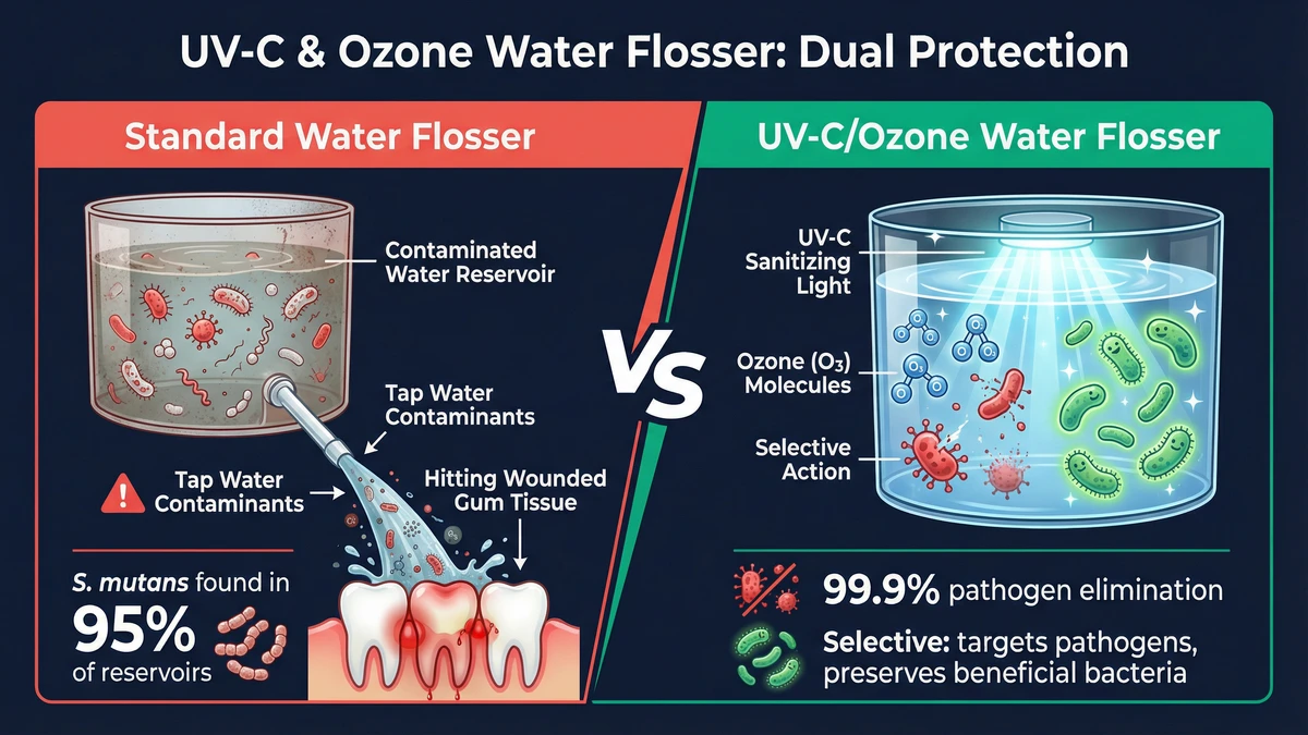 Comparison infographic showing UV-C and ozone water flosser dual protection: UV-C sterilizes reservoir water eliminating S. mutans and biofilm bacteria, while ozone water selectively kills pathogens like P. gingivalis in the sulcus while preserving beneficial oral bacteria