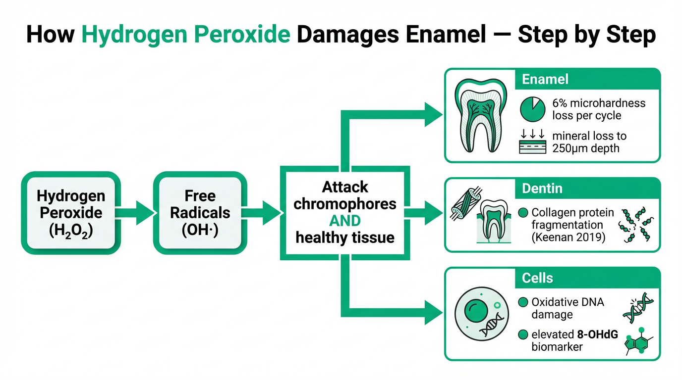 Scientific infographic showing how hydrogen peroxide in whitening strips generates free radicals that damage enamel (6% microhardness loss), dentin (collagen fragmentation), and oral cells (oxidative DNA damage with elevated 8-OHdG biomarker)