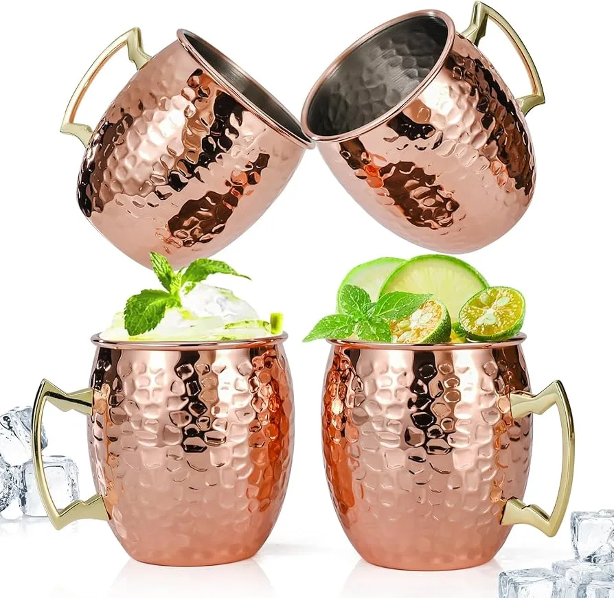 Amrules Moscow Mule Mugs Set of 4 | Hammered Copper Plated with Gold Brass Handles - recommended product