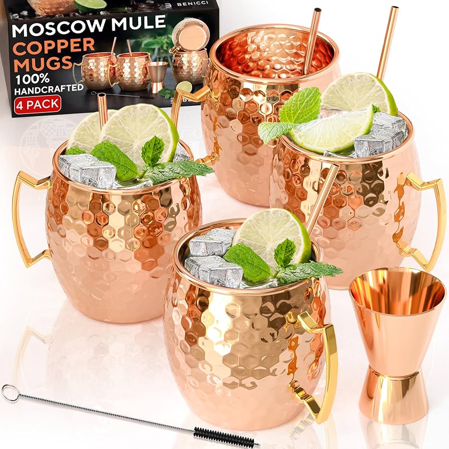 Benicci Moscow Mule Copper Mugs Set of 4 | 100% Pure Handcrafted Copper - Health & Wellness product image, rated 4.7 stars by 7,709 customers