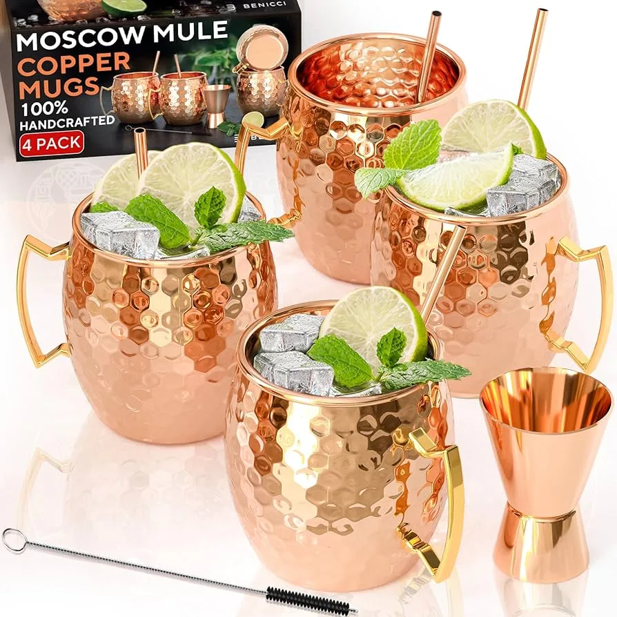 Benicci Moscow Mule Copper Mugs Set of 4 | 100% Pure Handcrafted Copper - Health & Wellness product