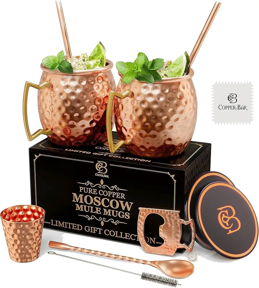 COPPER-BAR Moscow Mule Copper Mugs Set of 2 | Handcrafted with 13 Accessories - Health & Wellness product