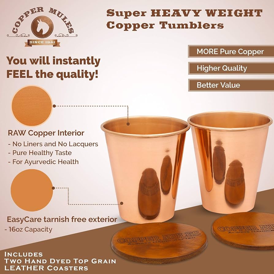 Copper Mules Pure Copper Tumbler Set of 2 | 14 oz Handcrafted Ayurvedic Drinking Cups - Health & Wellness product image, rated 4.5 stars by 220 customers