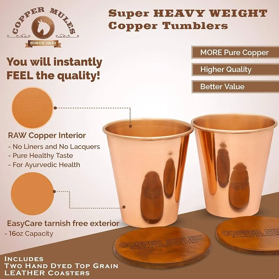 Copper Mules Pure Copper Tumbler Set of 2 | 14 oz Handcrafted Ayurvedic Drinking Cups - similar product