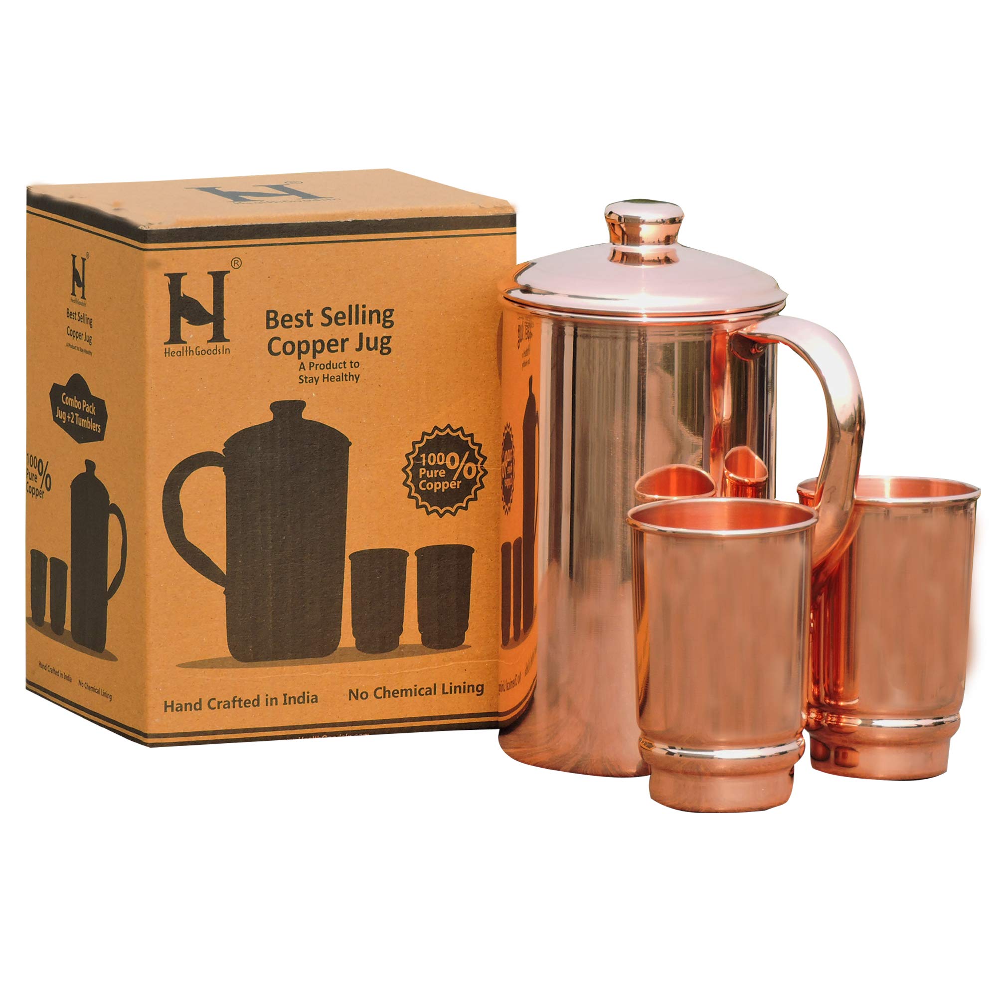 HealthGoodsIn Copper Pitcher with 2 Tumblers Set | Ayurvedic Pure Copper Water Jug 50.72 oz - Health & Wellness product image, rated 4.3 stars by 495 customers