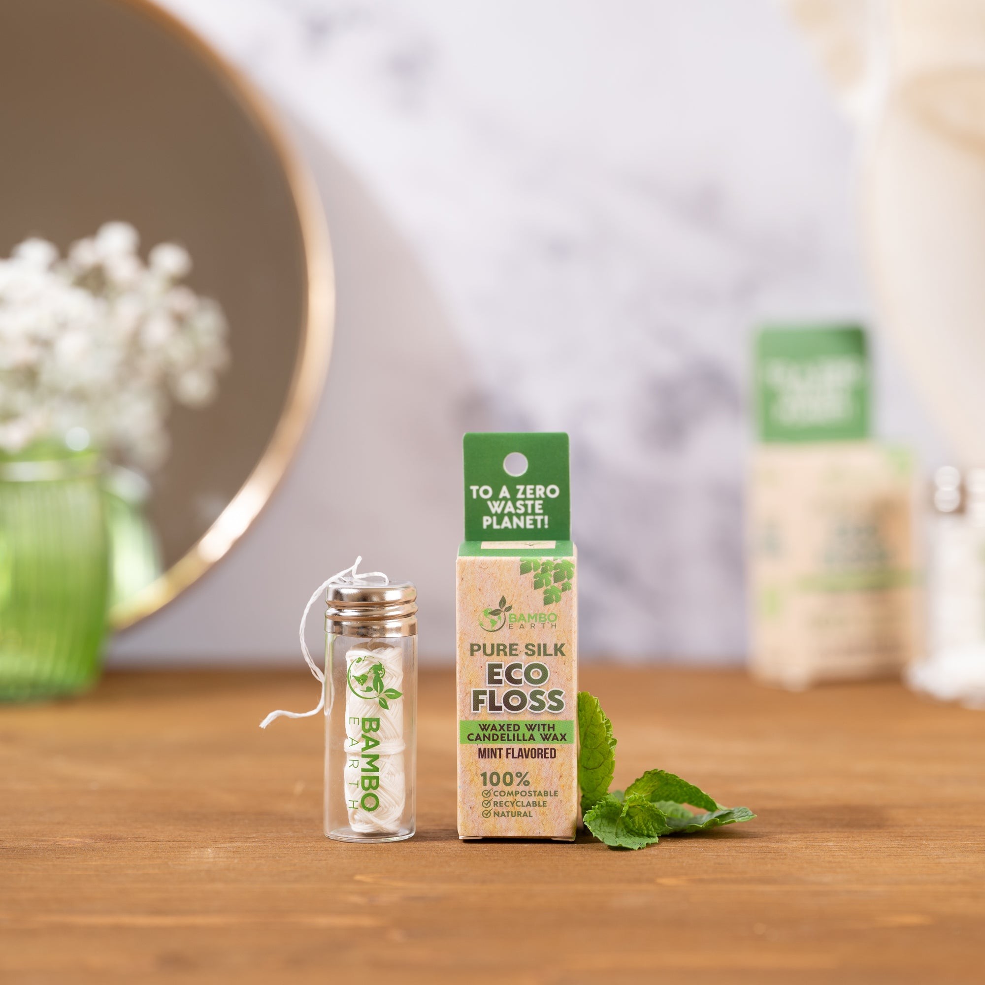 BAMBOEARTH Organic Silk Dental Floss with Refillable Glass Holder - 100% Natural Mulberry Silk, Mint Flavor, Zero-Waste Packaging - Health & Wellness product image, rated 3.8 stars by 1,147 customers