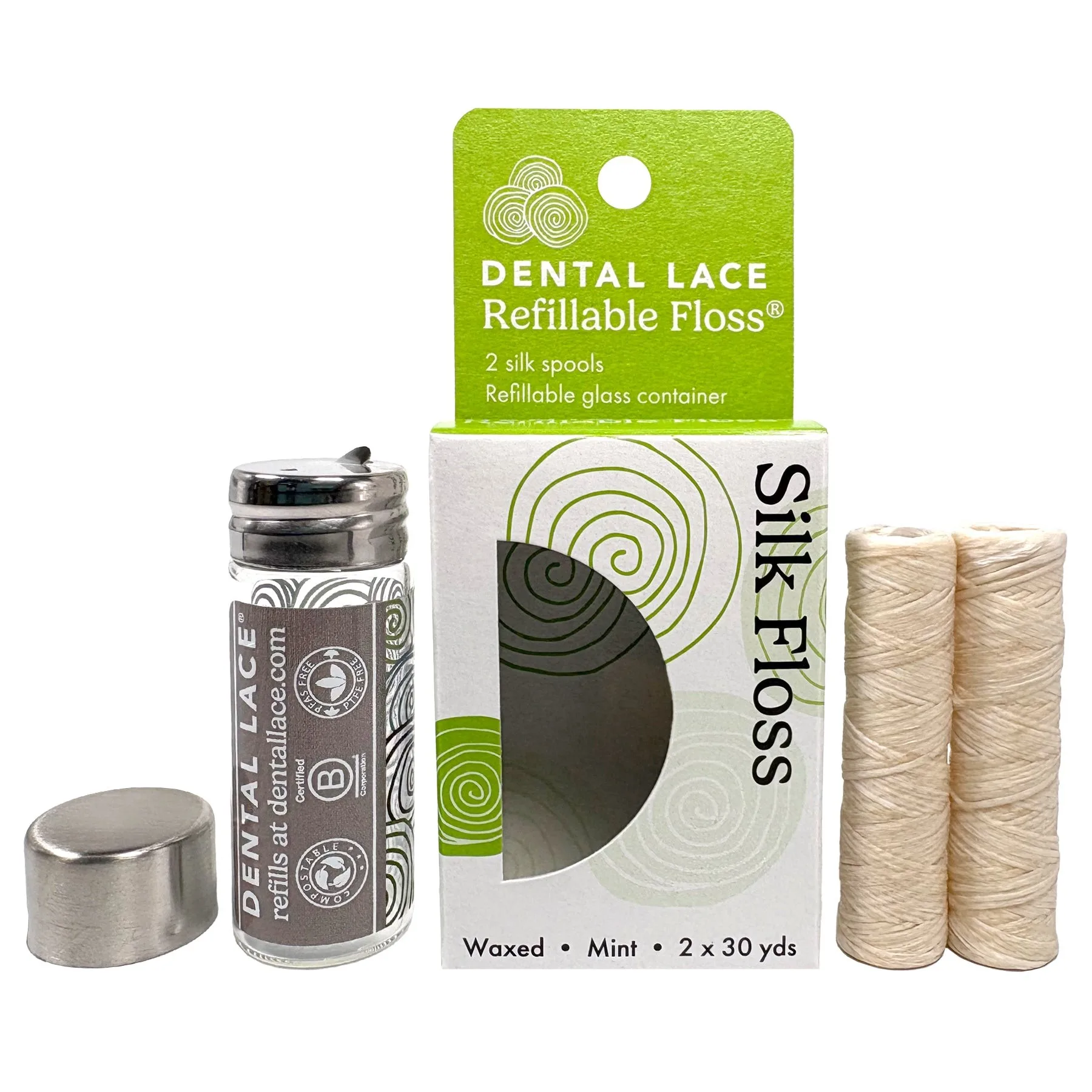 Dental Lace Refillable Silk Dental Floss with Glass Container (60 Yards) - 100% Italian Mulberry Silk, PFAS-Free, Zero-Waste - Health & Wellness product
