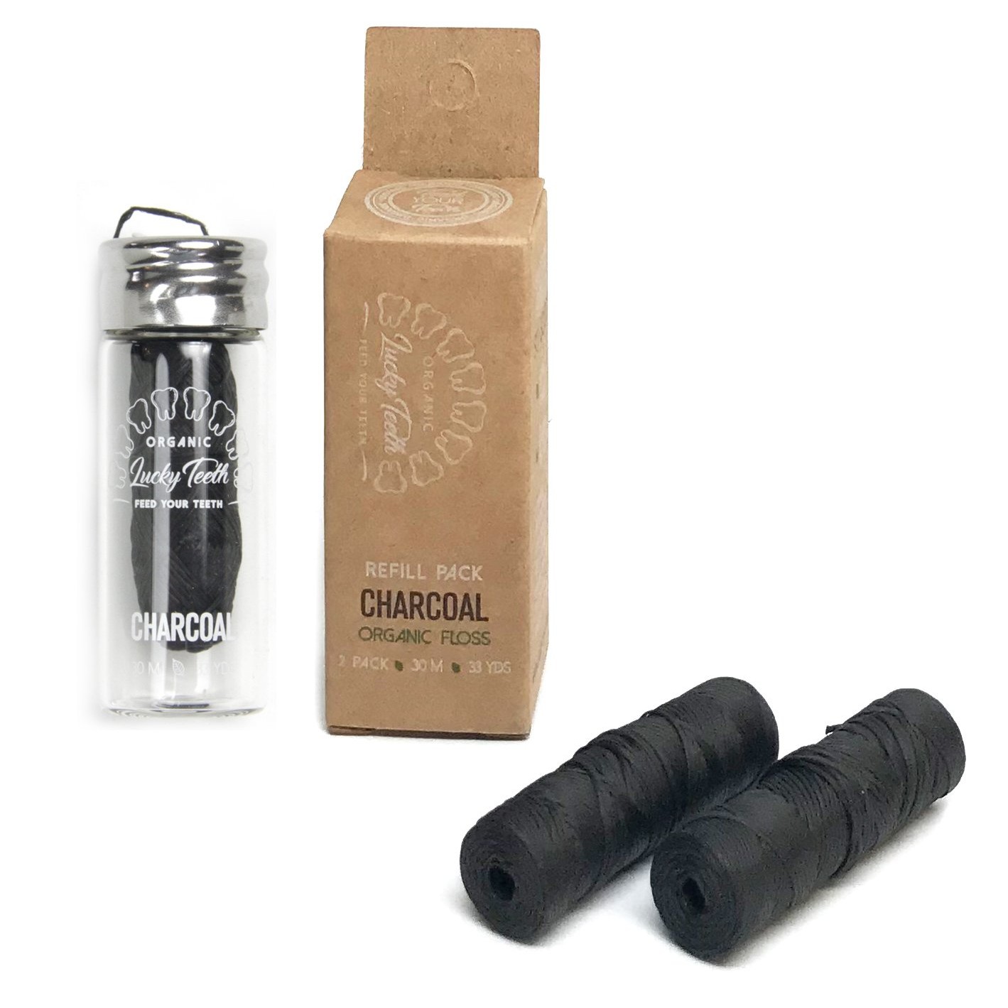 Lucky Teeth Organic Bamboo Charcoal Floss with Glass Jar + 2 Refills (99 Yards Total) - Tea Tree & Peppermint, Biodegradable - Health & Wellness product image, rated 4.2 stars by 216 customers