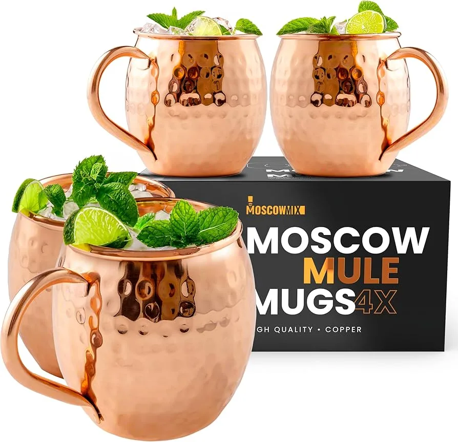 Moscow-Mix Pure Copper Mugs Set of 4 | Food-Safe 16 oz Large Solid Copper Cups - Health & Wellness product
