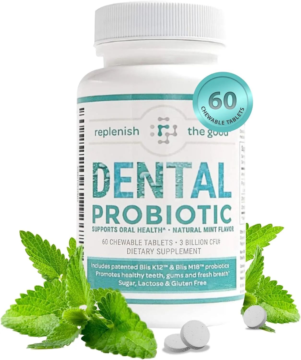 Replenish the Good Dental Oral Probiotic with BLIS K12 M18 and L. reuteri - Mint Chewable Tablets for Bad Breath Gum Health (60 Count) - recommended product