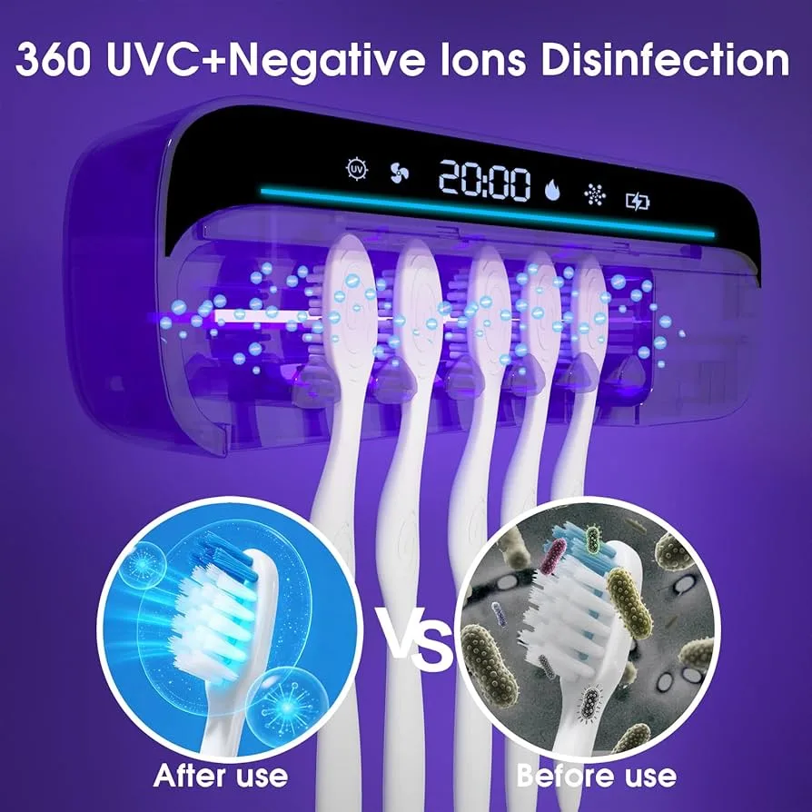 iHave UV Toothbrush Sanitizer Holder - 360° UVC Disinfection, 100M Negative Ions, Turbofan Drying, LED Display, 4000mAh Battery, Wall-Mounted for 5 Brushes - similar product