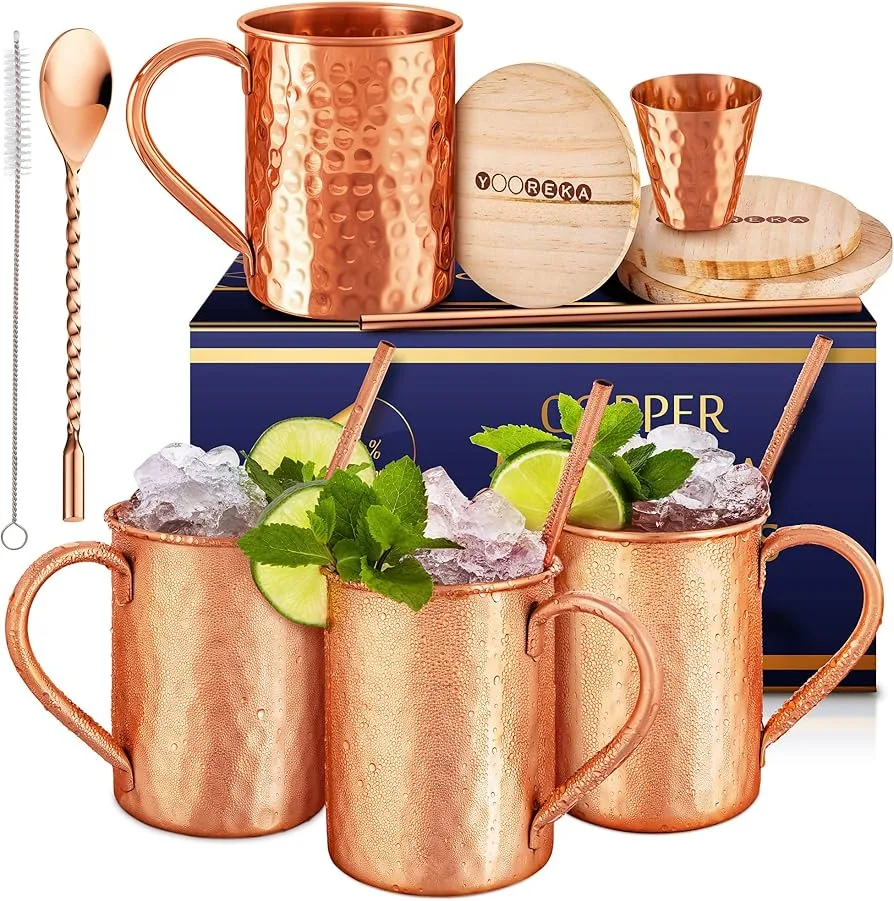 Yooreka Gift Set Moscow Mule Mugs Set of 4 | 100% Pure Copper with Straws & Coasters - Health & Wellness product